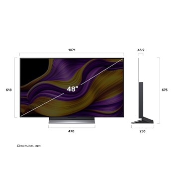 Frontansicht und Seitenansicht des LG OLED evo AI G5 4K Smart TV mit den Abmessungen der Länge, Breite, Höhe und Tiefe.