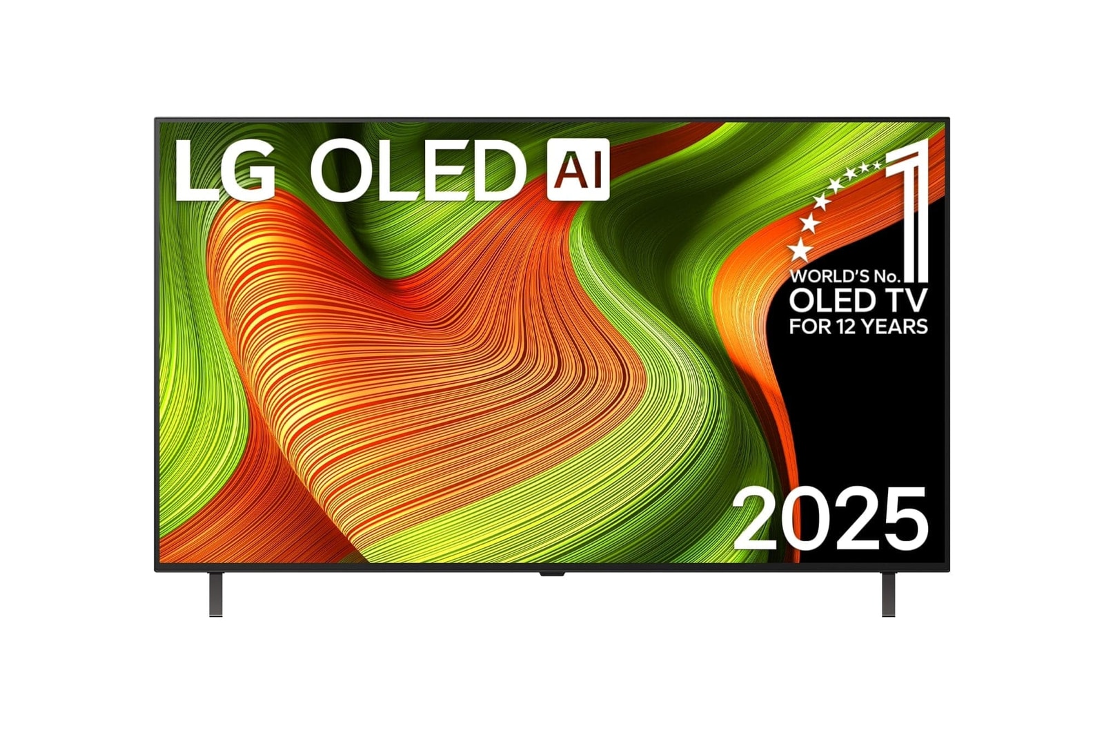 Frontansicht des LG OLED AI B5 4K Smart TV. "12 Years of world number 1 OLED"-Emblem und das "LG OLED AI 2025"-Logo sind auf dem Bildschirm zu sehen.