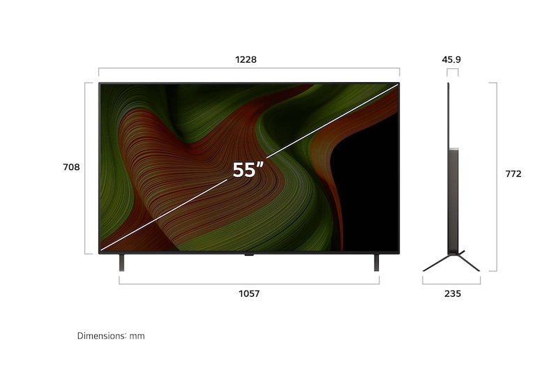Frontansicht und Seitenansicht des LG OLED AI B5 4K Smart TV mit den Abmessungen der Länge, Breite, Höhe und Tiefe.