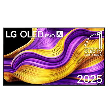Vorderansicht des LG OLED evo AI G5 4K Smart TV. OLED-Emblem „12 Years of world number“ und LG OLED evo AI 2025-Logo sind auf dem Bildschirm zu sehen.