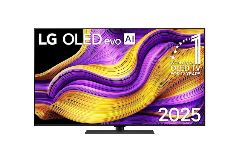 Vorderansicht des LG OLED evo AI G5 4K Smart TV. OLED-Emblem „12 Years of world number“ und LG OLED evo AI 2025-Logo sind auf dem Bildschirm zu sehen.