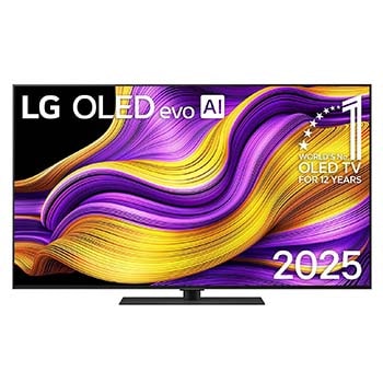 Vorderansicht des LG OLED evo AI G5 4K Smart TV. OLED-Emblem „12 Years of world number“ und LG OLED evo AI 2025-Logo sind auf dem Bildschirm zu sehen.