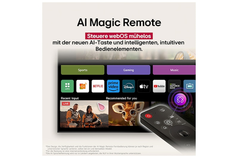 LG AI Magic Remote-Fernbedienung im Vordergrund. Der AI Button ist hervorgehoben. Im Hintergrund ist die LG webOS-Oberfläche zu sehen. Der Mauszeiger zeigt an, dass die Fernbedienung in Gebrauch ist. Der Text erklärt, wie die Funktionen und Bedienelemente der Fernbedienung das Navigieren in webOS erleichtern.
