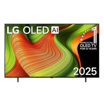 Vorderansicht des LG OLED AI B5 4K Smart TV. OLED-Emblem „12 Years of world number 1“ und LG OLED evo AI 2025-Logo sind auf dem Bildschirm zu sehen.