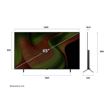 Frontansicht und Seitenansicht des LG OLED AI B5 4K Smart TV mit den Abmessungen Länge, Breite, Höhe und Tiefe.