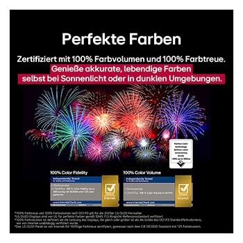 Ein schillerndes und farbenfrohes Feuerwerk ist auf einem Fernsehbildschirm zu sehen. Das Logo einer Zertifizierung ist sichtbar, die Perfect Color Technology liefert Farbkonsistenzwerte von mehr als 99 % bei bis zu 500 Lux. Intertek-Zertifizierungen, die unabhängige Tests belegen, sind ebenfalls sichtbar.