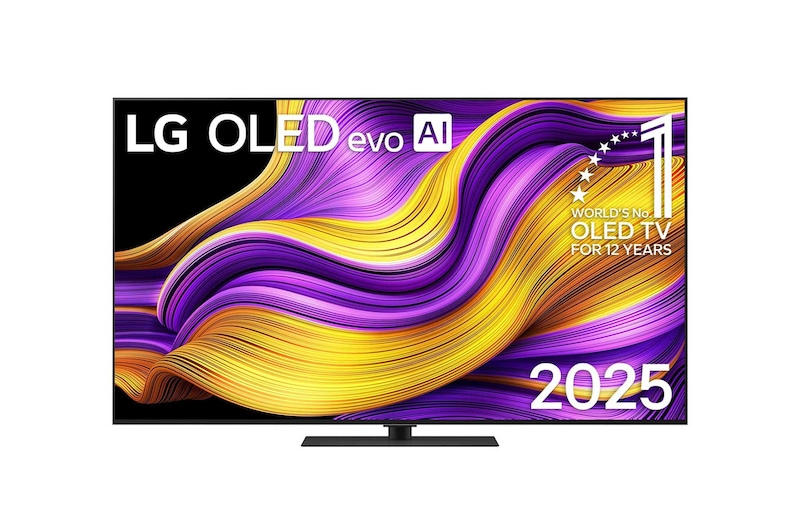 Vorderansicht des LG OLED evo AI G5 4K Smart TV. OLED-Emblem „12 Years of world number“ und LG OLED evo AI 2025-Logo sind auf dem Bildschirm zu sehen.