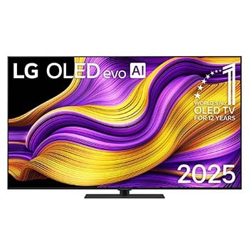 Vorderansicht des LG OLED evo AI G5 4K Smart TV. OLED-Emblem „12 Years of world number“ und LG OLED evo AI 2025-Logo sind auf dem Bildschirm zu sehen.