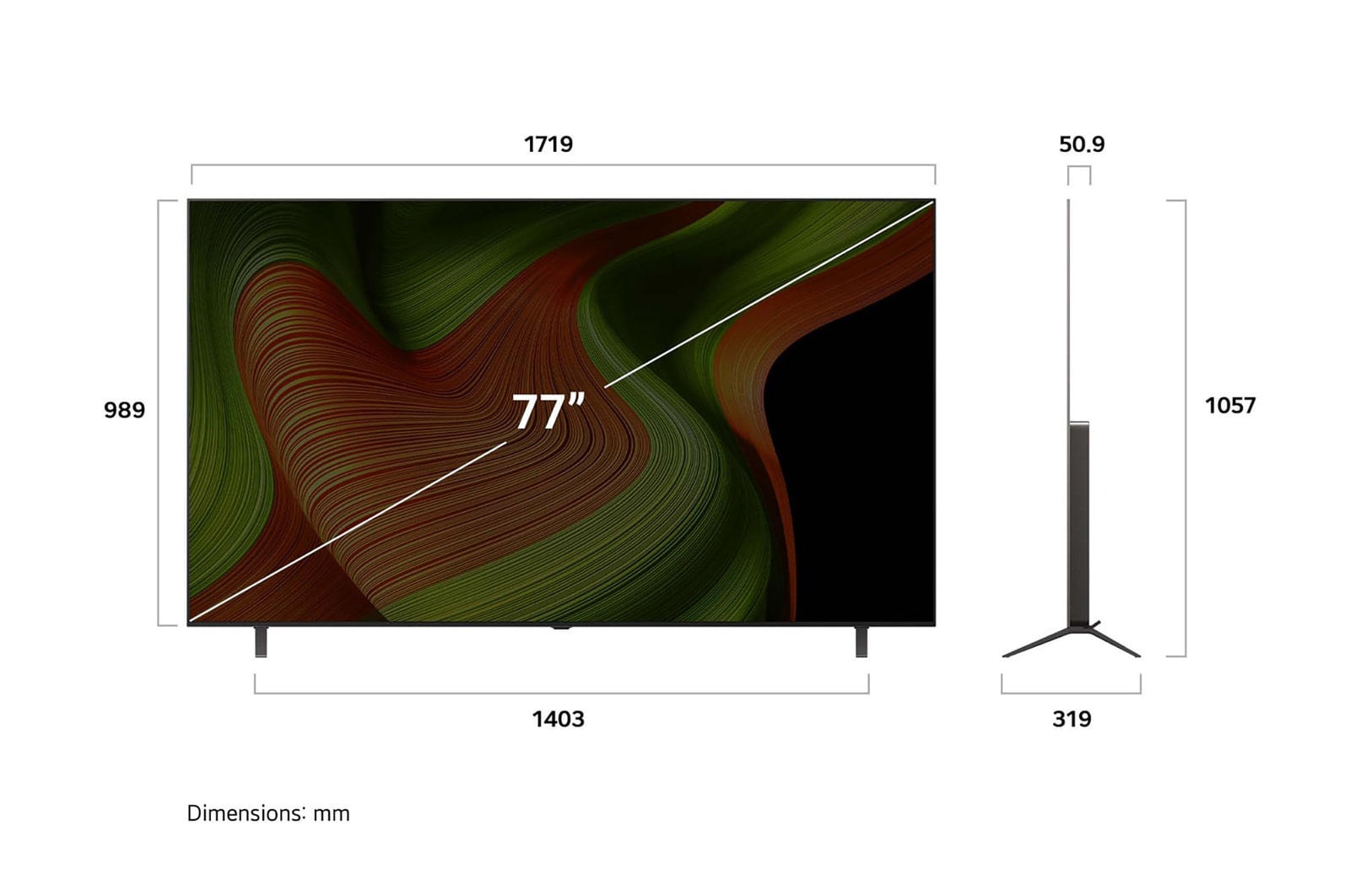 Frontansicht und Seitenansicht des LG OLED AI B5 4K Smart TV mit den Abmessungen Länge, Breite, Höhe und Tiefe.