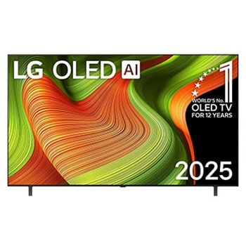 Frontansicht des LG OLED AI B5 4K Smart TV. "12 Years of world number 1 OLED"-Emblem und das "LG OLED AI 2025"-Logo sind auf dem Bildschirm zu sehen.