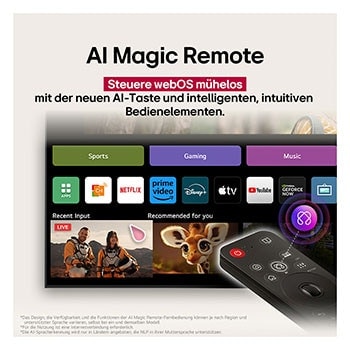 LG AI Magic Remote-Fernbedienung im Vordergrund. Der AI Button ist hervorgehoben. Im Hintergrund ist die LG webOS-Oberfläche zu sehen. Der Mauszeiger zeigt an, dass die Fernbedienung in Gebrauch ist. Der Text erklärt, wie die Funktionen und Bedienelemente der Fernbedienung das Navigieren in webOS erleichtern. 