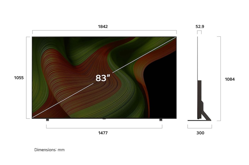 Frontansicht und Seitenansicht des LG OLED AI B5 4K Smart TV mit den Abmessungen Länge, Breite, Höhe und Tiefe.