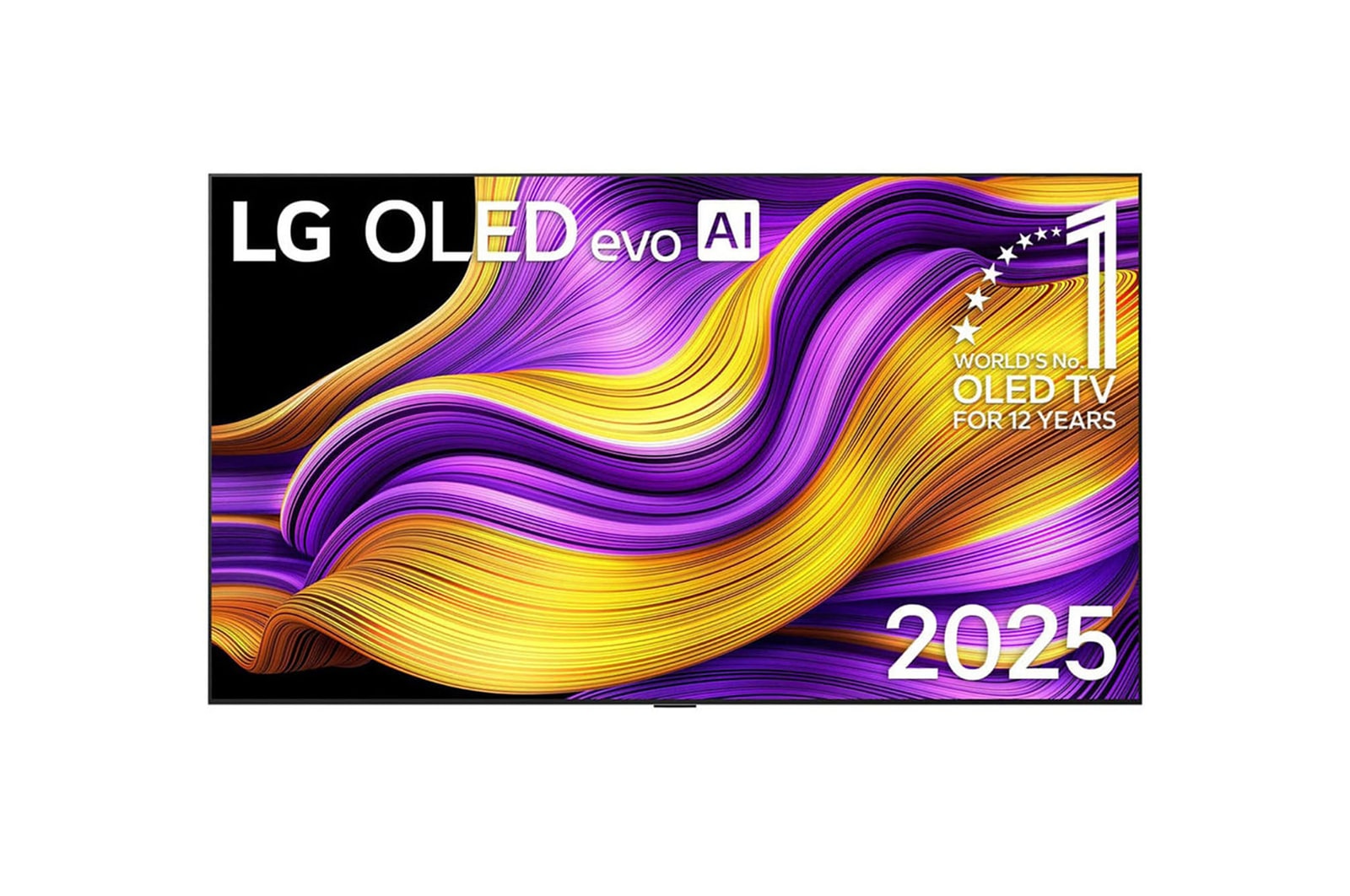 Vorderansicht des LG OLED evo AI G5 4K Smart TV. OLED-Emblem „12 Years of world number“ und LG OLED evo AI 2025-Logo sind auf dem Bildschirm zu sehen.
