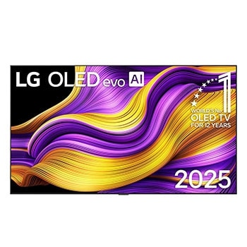 Frontansicht des LG OLED evo AI G5 4K Smart TV. Ein "12 Years of world number 1 OLED" -Emblem und das &quot;LG OLED AI 2025&quot;-Logo sind auf dem Bildschirm zu sehen.