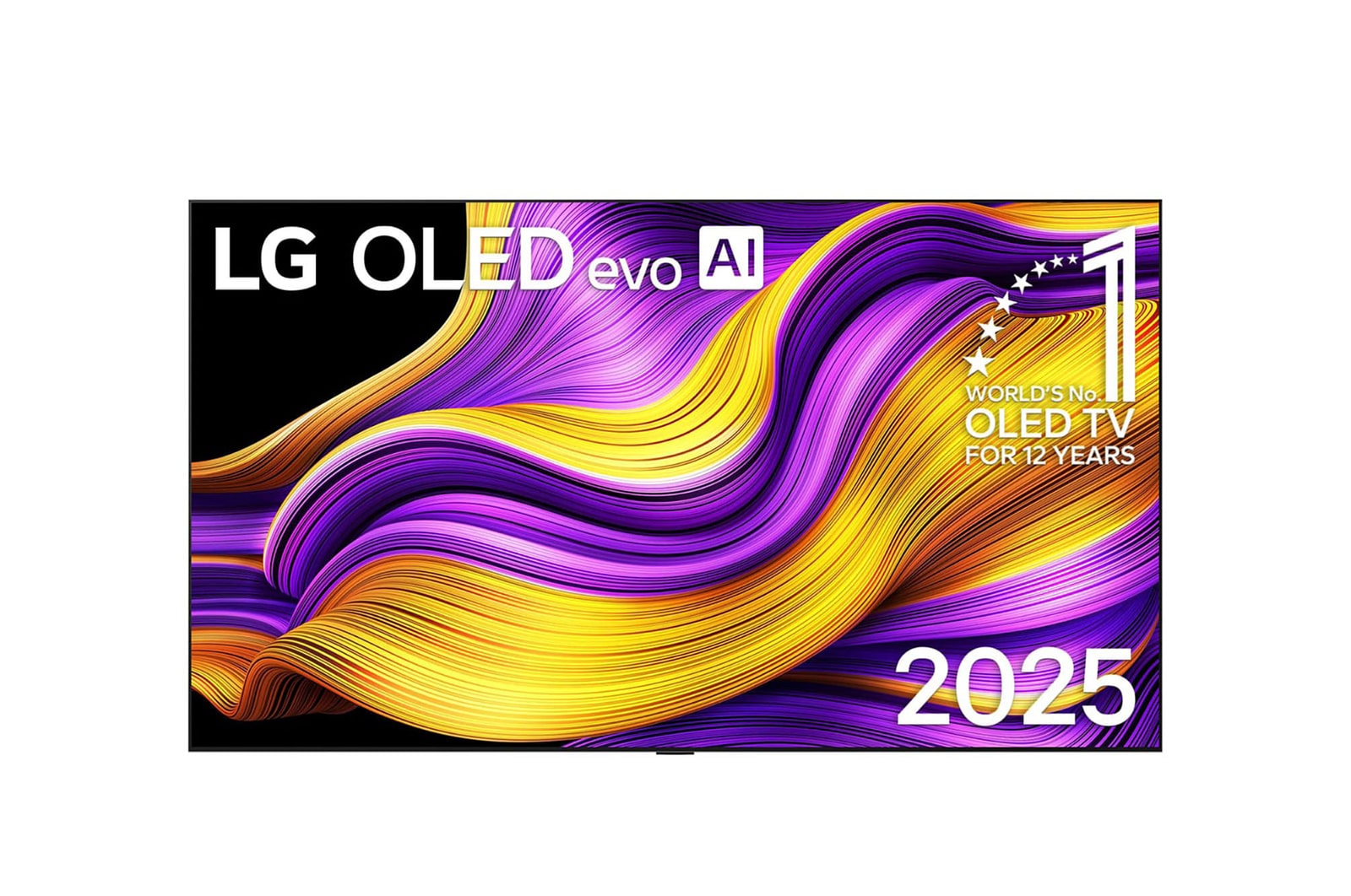Frontansicht des LG OLED evo AI G5 4K Smart TV. Ein "12 Years of world number 1 OLED" -Emblem und das "LG OLED AI 2025"-Logo sind auf dem Bildschirm zu sehen.