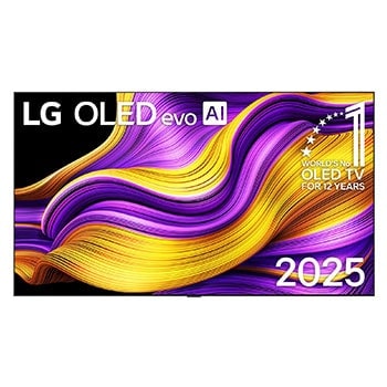 Frontansicht des LG OLED evo AI G5 4K Smart TV. Ein "12 Years of world number 1 OLED" -Emblem und das "LG OLED AI 2025"-Logo sind auf dem Bildschirm zu sehen.