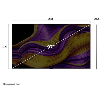 Frontansicht und Seitenansicht des LG OLED evo AI G5 4K Smart TV mit den Abmessungen der Länge, Breite, Höhe und Tiefe.