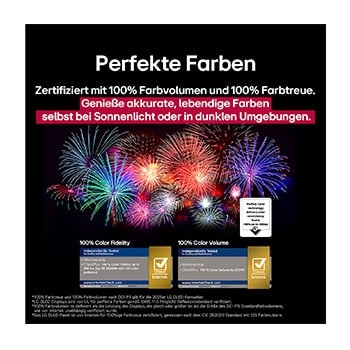 Ein Wohnzimmer mit einem an der Wand montierten LG OLED-Fernseher. Auf dem Fernseher ist eine Bergkette vor einem dunklen Abendhimmel voller Sterne zu sehen. Diese Szene ist in zwei Hälften geteilt. Die eine Seite zeigt eine trübe, graue Version der Landschaft mit der Bezeichnung Non Perfect Black Display. Auf der anderen Seite ist ein angenehmeres Bild mit einem größeren Dynamikbereich von Schwarz und Weiß zu sehen. Dies ist mit Perfect Black Display gekennzeichnet. Auch die Logo-Zertifizierung ist sichtbar: Perfect Black Technology liefert Schwarzwerte von 0,24 nit oder weniger bis zu 500 Lux.