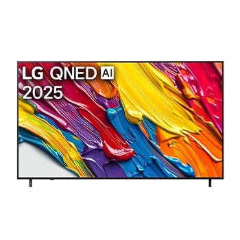 Frontansicht des LG QNED82 TV, LG QNED Al Logo in der oberen Ecke. LG QNED TV zeigt farbenfrohe, malerische Texturen, die zusammenkommen.