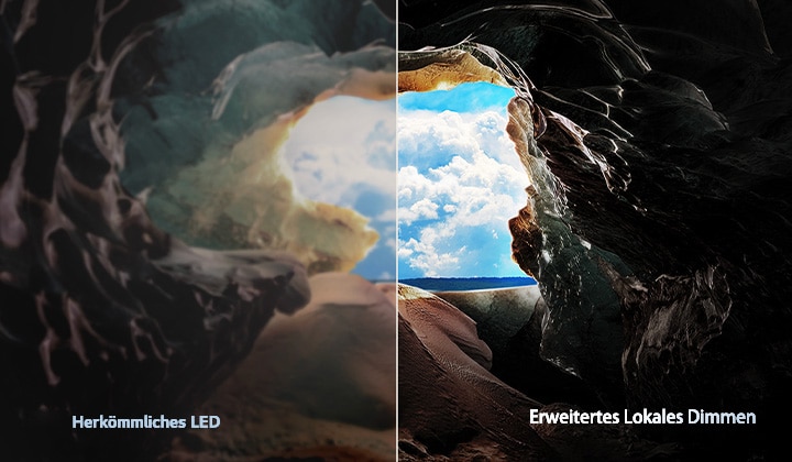 Perspektive aus dem Inneren einer Höhle mit Blick auf den Höhleneingang, wo ein blauer Himmel und der Horizont zu sehen sind. Die gesamte Szene ist in zwei Hälften geteilt, um die Möglichkeiten von QNEDs Erweitertem Lokalen Dimmen zu zeigen. Auf der einen Seite sind die Farben und Details verwaschen und das Bild wirkt matschig. Auf dem Etikett steht: Konventionelle LED. Die andere Seite hat einen tollen Schwarzwert, einen besseren Kontrast, eine höhere Helligkeit und bessere Farben. Auf dem Etikett steht „Erweitertes Lokales Dimmen“.