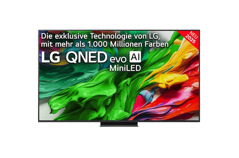 Frontansicht des LG QNED evo QNED85 TV, LG QNED evo Al Logo in der oberen Ecke. LG QNED evo QNED85 TV zeigt farbenfrohe, malerische Texturen, die zusammenkommen.