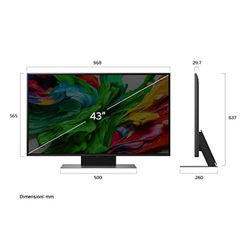 Frontansicht und Seitenansicht des LG QNED evo AI QNED85 4K Smart TV mit den Abmessungen Länge, Breite, Höhe und Tiefe.