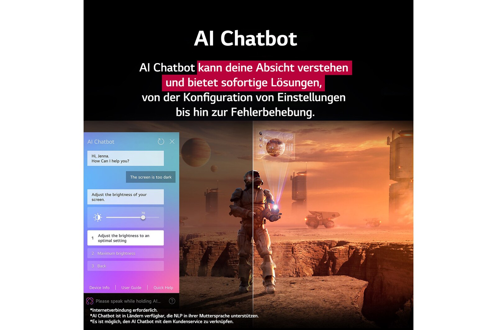 Nahaufnahme eines LG TV-Bildschirms, der zeigt, wie AI Search funktioniert. Ein kleines Chat-Fenster ist geöffnet und zeigt, wie der Benutzer nachfragt, welche Sportspiele verfügbar sind. AI Search antwortete per Chat und zeigte Vorschaubilder verfügbarer Inhalte an. Es wird auch eine Aufforderung mit einer Frage an Microsoft Copilot angezeigt.