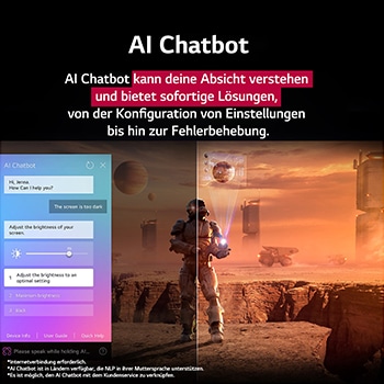 Nahaufnahme eines LG TV-Bildschirms, der zeigt, wie AI Search funktioniert. Ein kleines Chat-Fenster ist geöffnet und zeigt, wie der Benutzer nachfragt, welche Sportspiele verfügbar sind. AI Search antwortete per Chat und zeigte Vorschaubilder verfügbarer Inhalte an. Es wird auch eine Aufforderung mit einer Frage an Microsoft Copilot angezeigt.
