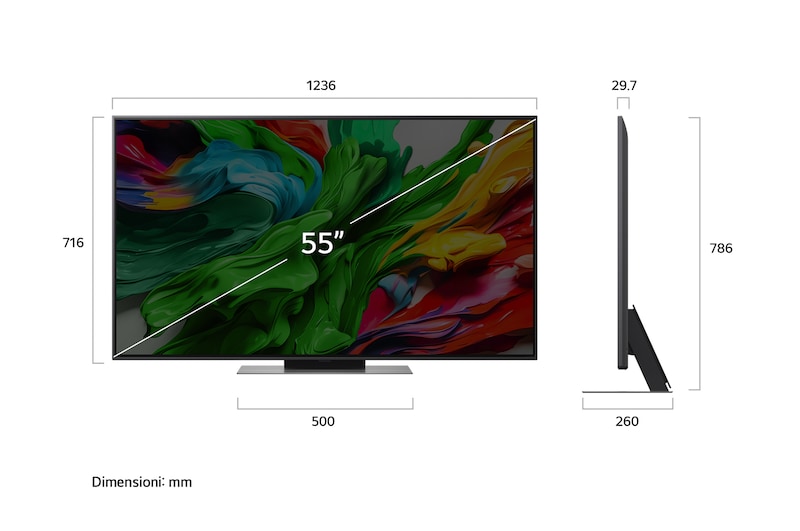 Frontansicht und Seitenansicht des LG QNED evo AI QNED85 4K Smart TV mit den Abmessungen Länge, Breite, Höhe und Tiefe.