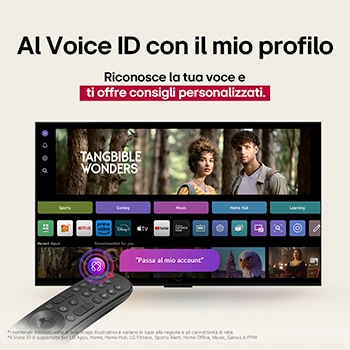 LG TV-Bildschirm mit einer AI Magic Remote im Vordergrund. Die KI-Schaltfläche ist hervorgehoben und eine Sprechblase zeigt den Text „Schlage einen Film vor, der mir gefällt“. Auf dem Bildschirm sehen wir das Benutzersymbol E, das anzeigt, dass AI Voice ID in der Lage war, den Benutzer zu identifizieren und personalisierte Empfehlungen allein auf der Grundlage seiner Stimme zu geben.