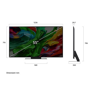 Frontansicht und Seitenansicht des LG QNED evo AI QNED85 4K Smart TV mit den Abmessungen Länge, Breite, Höhe und Tiefe.