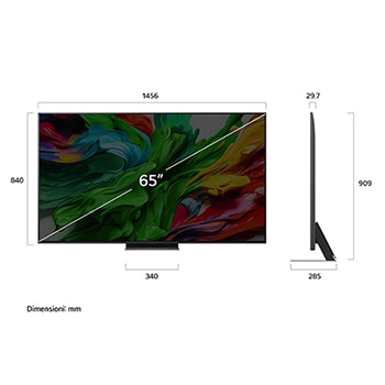 Frontansicht und Seitenansicht des LG QNED evo AI QNED85 4K Smart TV mit den Abmessungen Länge, Breite, Höhe und Tiefe.