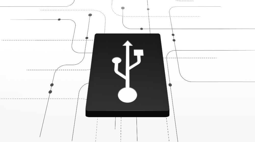 In der Mitte befindet sich ein USB-Symbol in einem schwarzen Quadrat mit Linien in einem weissen Feld.