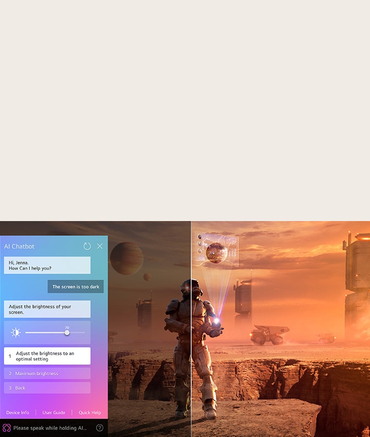 Auf einem LG QNED TV-Bildschirm werden Science-Fiction-Inhalte abgespielt. Auf dem Bildschirm befindet sich die Benutzeroberfläche des AI Chatbots. Der Benutzer hat dem Chatbot mitgeteilt, dass der Bildschirm zu dunkel ist. Der Chatbot bot Lösungen für die Anfrage an. Die gesamte Szene ist in zwei Hälften geteilt. Die eine Seite ist dunkler, die andere Seite heller und zeigt, wie der AI Chatbot das Problem für den Nutzer automatisch gelöst hat.