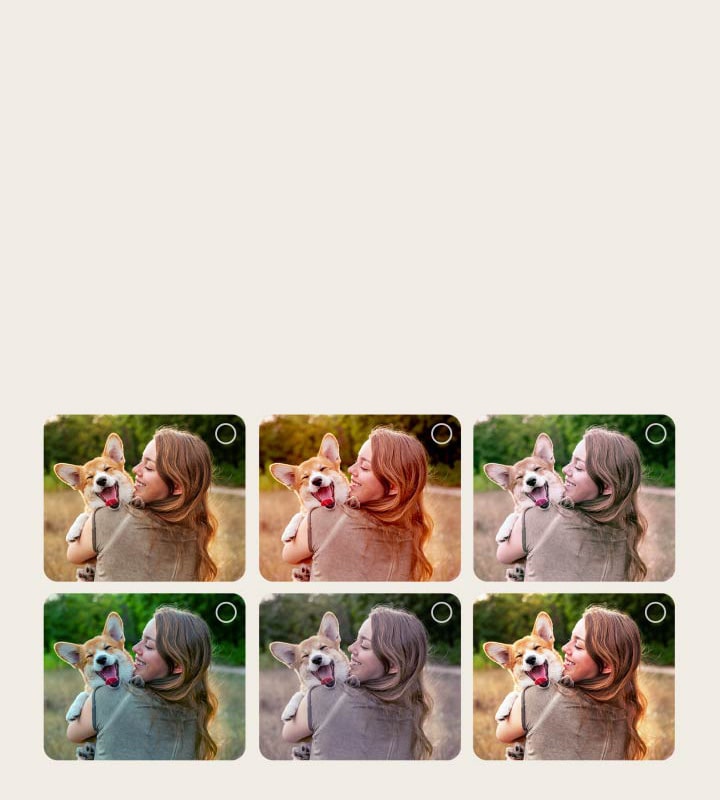 Bildschirm eines Benutzers, der den Personalisierungsprozess des AI Picture Wizard durchläuft. Es werden Bilderserien angezeigt, in denen die Auswahl des Benutzers hervorgehoben wird. Ein Ladesymbol erscheint und ein Landschaftsbild wird von links nach rechts verbessert.