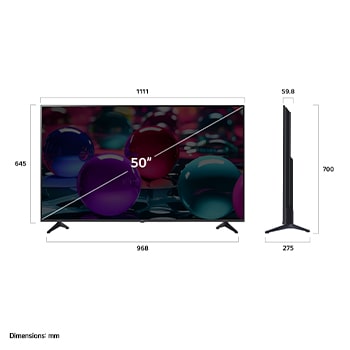 Frontansicht und Seitenansicht des LG UHD AI UA73 4K Smart TV mit den Abmessungen Länge, Breite, Höhe und Tiefe.