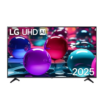 Frontansicht des UHD UA73 TV, LG UHD Al Logo in der oberen Ecke. LG UHD TV zeigt farbenfrohe, malerische Texturen, die zusammenkommen.