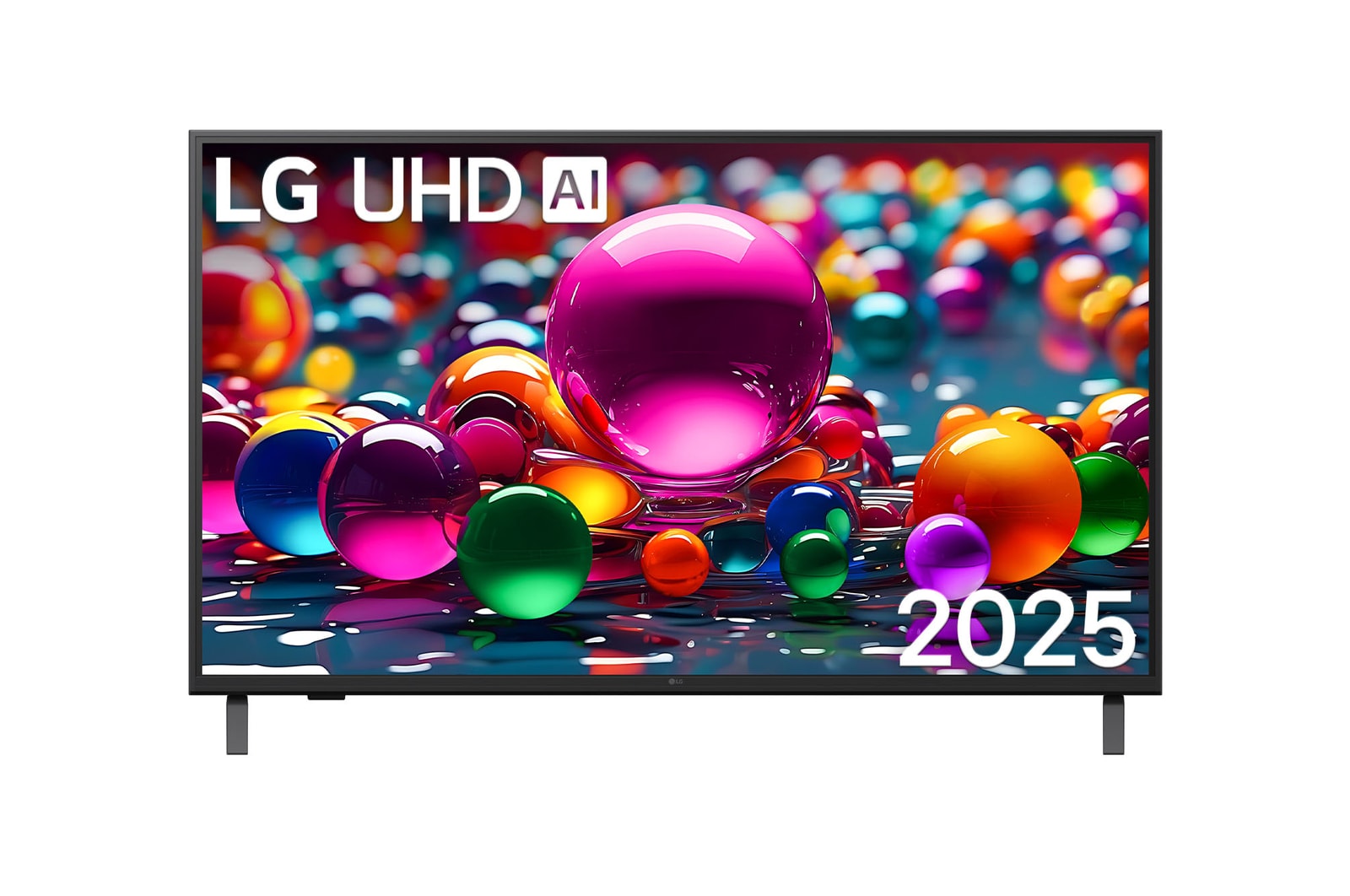 Front view of UHD UA75 TV, LG UHD Al Logo on the top corner. LG UHD TV depicts colorful paintike textures coming together.
