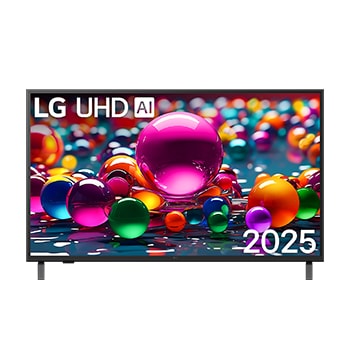 Front view of UHD UA75 TV, LG UHD Al Logo on the top corner. LG UHD TV depicts colorful paintike textures coming together.