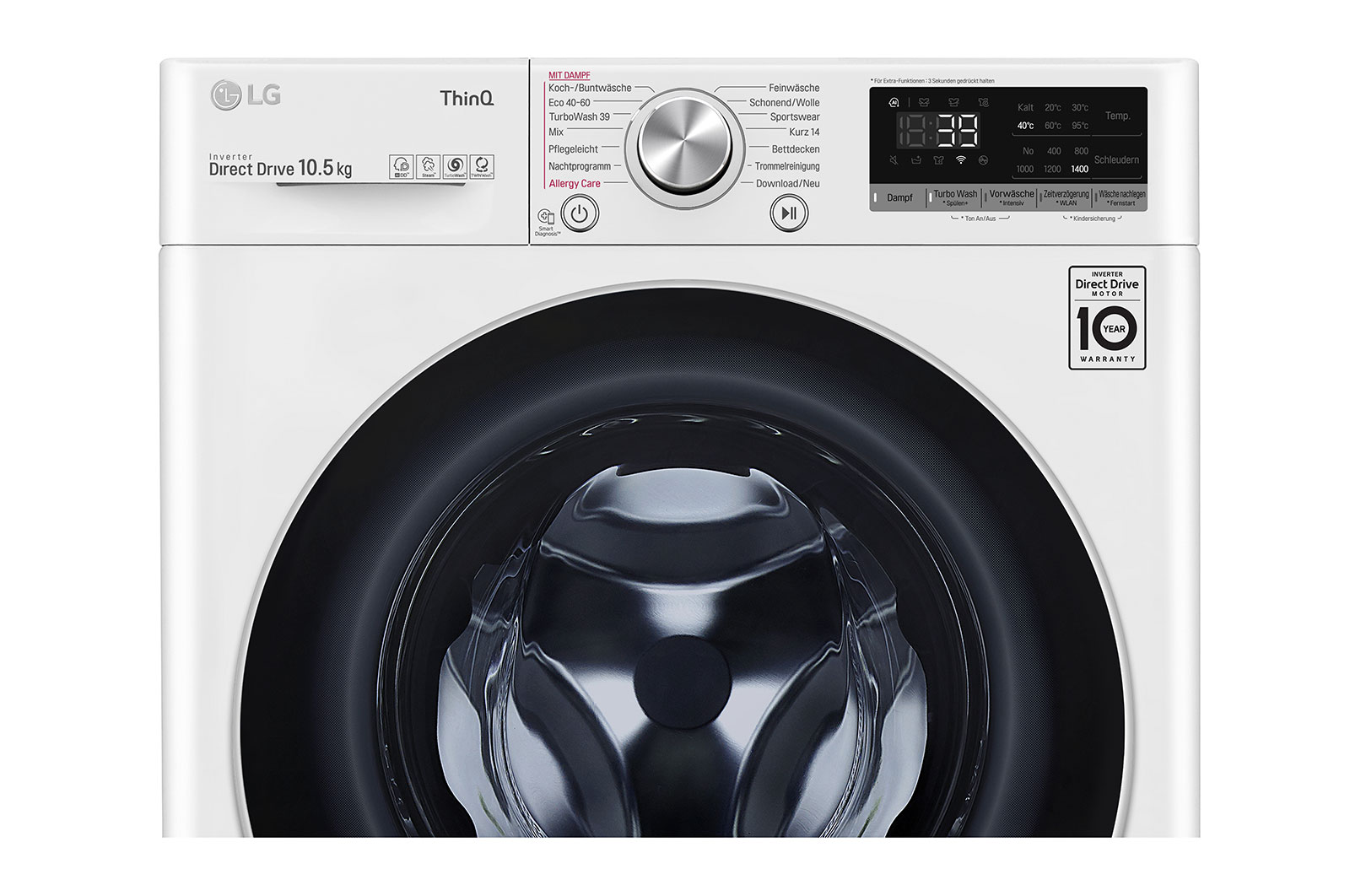LG Waschmaschine mit AI DD® | 10,5 kg | Energieeffizienzklasse A | 1.400 U./Min. | Steam | TurboWash® 360° | Wi-Fi-Funktion, F4WV710P1E