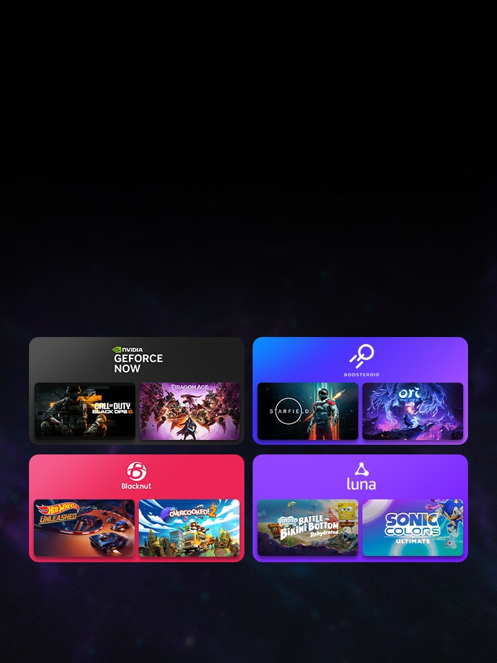 Quatre cases colorées contenant chacune un logo de service de Cloud Gaming et deux vignettes de jeu, mettant en valeur les plateformes de Cloud Gaming populaires, comme GeForce NOW et Boosteroid, accessibles depuis le portail de jeu LG.