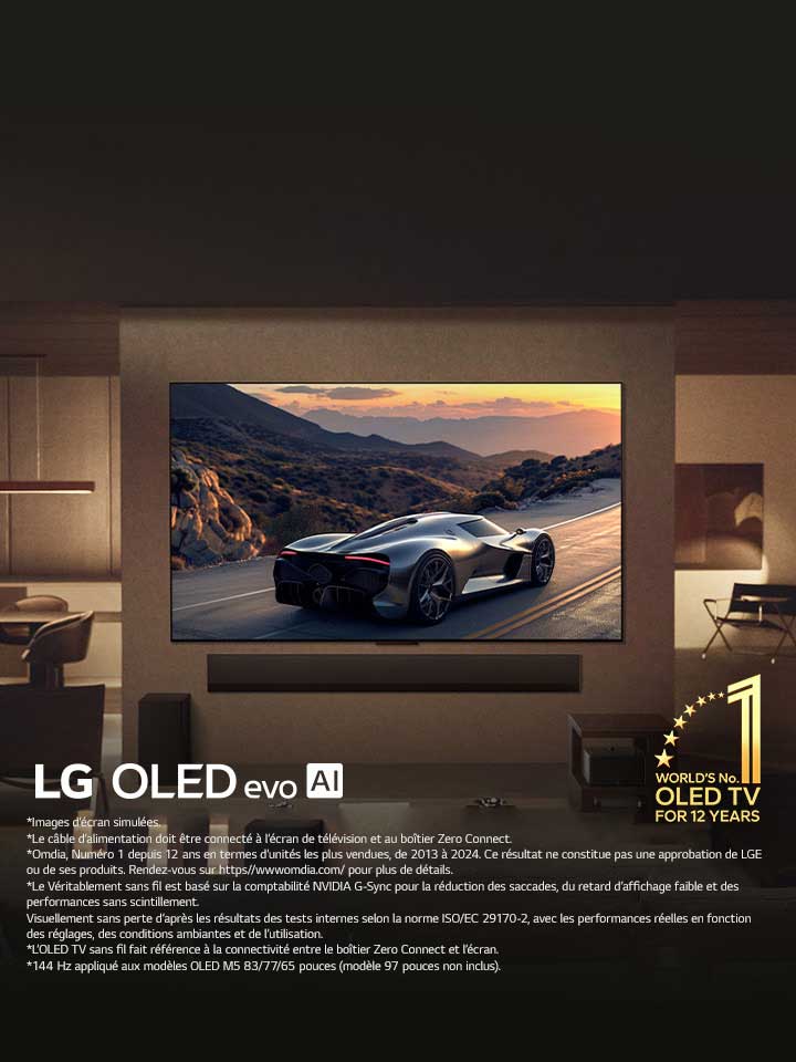 Salon élégant avec la TV LG OLED evo M5 fixée au mur. Une LG Soundbar est en dessous. Boîtier Zero Connect placé sous une table d’appoint. Aucun câble n’est visible, mettant en valeur la technologie Véritablement sans fil de la TV. L’emblème OLED TV numéro un mondial depuis 12 ans et le logo LG OLED evo AI sont visibles.