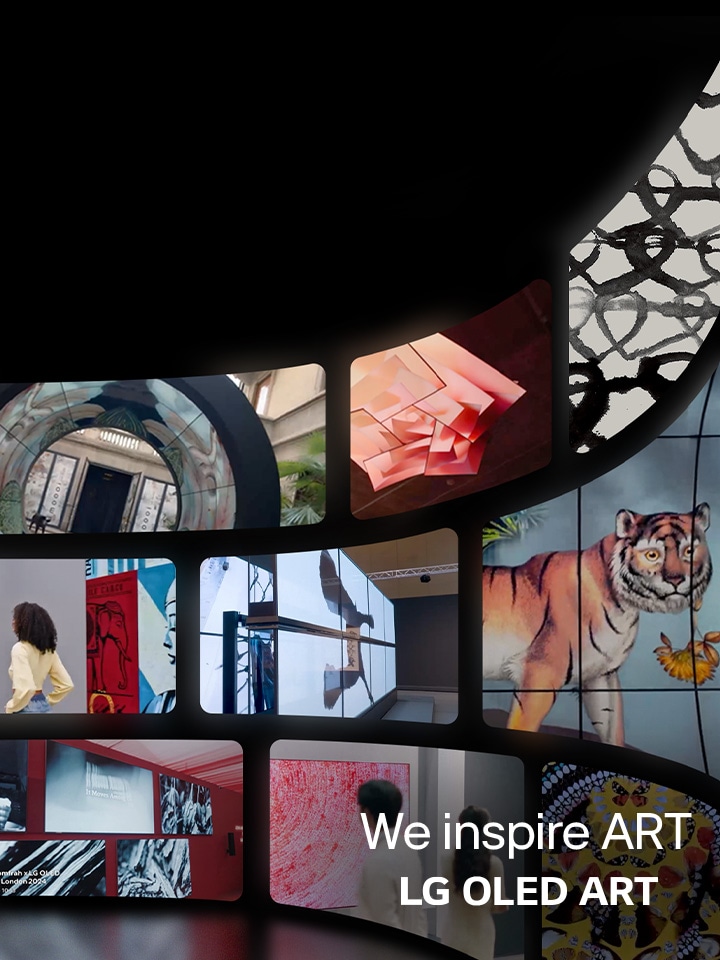 LG TVs représentant différentes œuvres d’art avec un logo indiquant « Nous inspirons l’ART » et « LG OLED ART ».