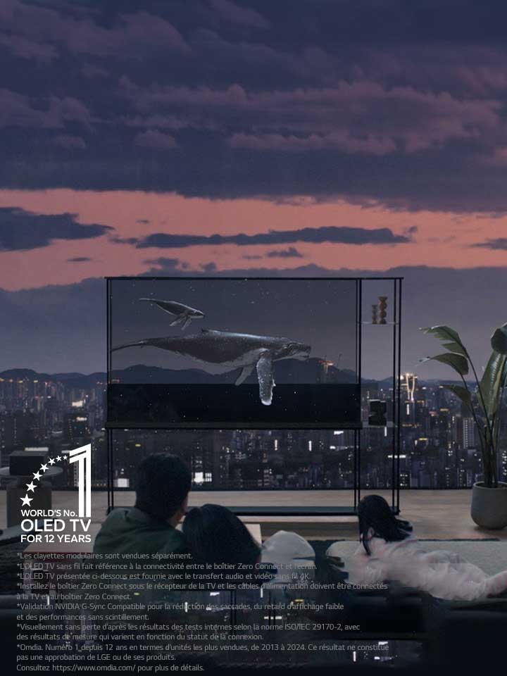 La baleine nage sur la OLED LG SIGNATURE T tandis que l’ombre est tirée vers le bas pour montrer la vue de la ville le soir. Des personnes sont assises sur le canapé au premier plan, face à la TV et à la fenêtre. Le boîtier Zero Connect est situé sur une petite table à gauche de la TV.