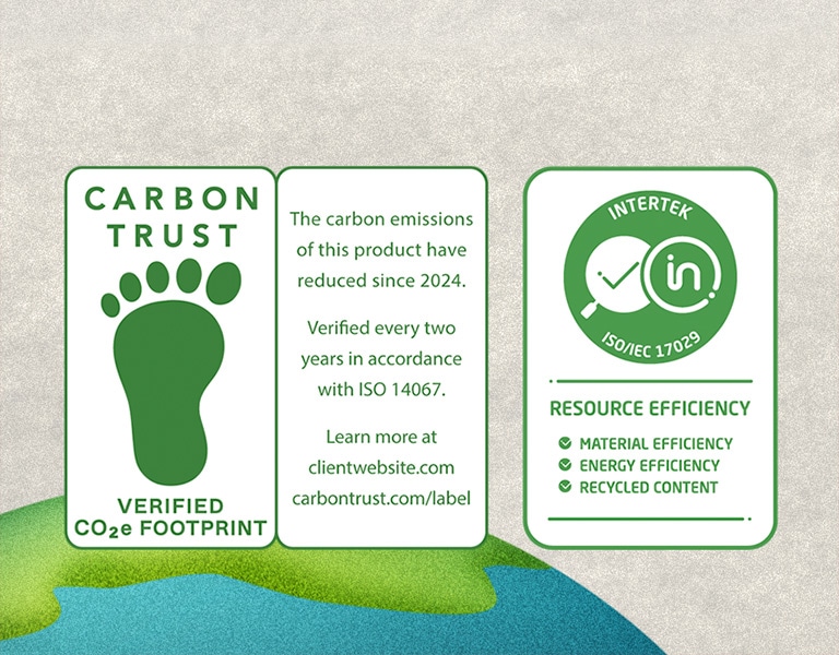 Marque de certification Carbon Trust pour la réduction et la mesure des émissions de carbone, et certification pour l’efficacité des ressources par Intertek.