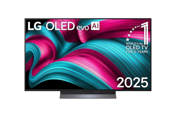 Vue avant de la Smart TV LG OLED evo AI C5 4K. L’emblème OLED numéro 1 dans le monde pendant 12 ans et le logo LG OLED evo AI 2025 sont à l’écran.