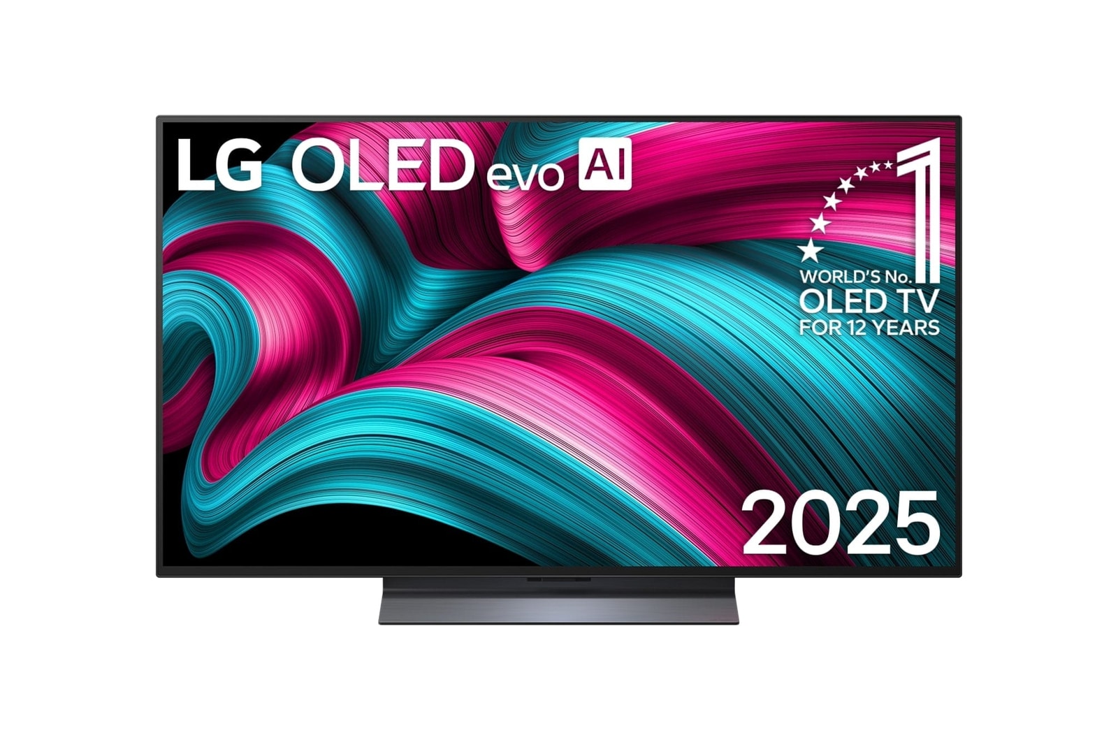 Vue avant de la Smart TV LG OLED evo AI C5 4K. L’emblème OLED numéro 1 dans le monde pendant 12 ans et le logo LG OLED evo AI 2025 sont à l’écran.