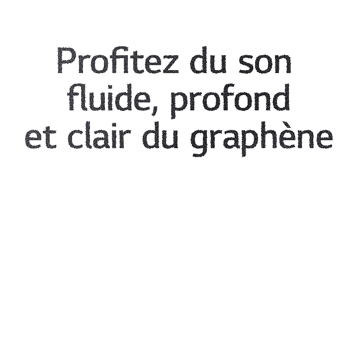 L’image montre un motif hexagonal sur un fond noir. Tandis que vous faites défiler la page, un texte dit : « Profitez du son fluide, profond et clair du graphène. »