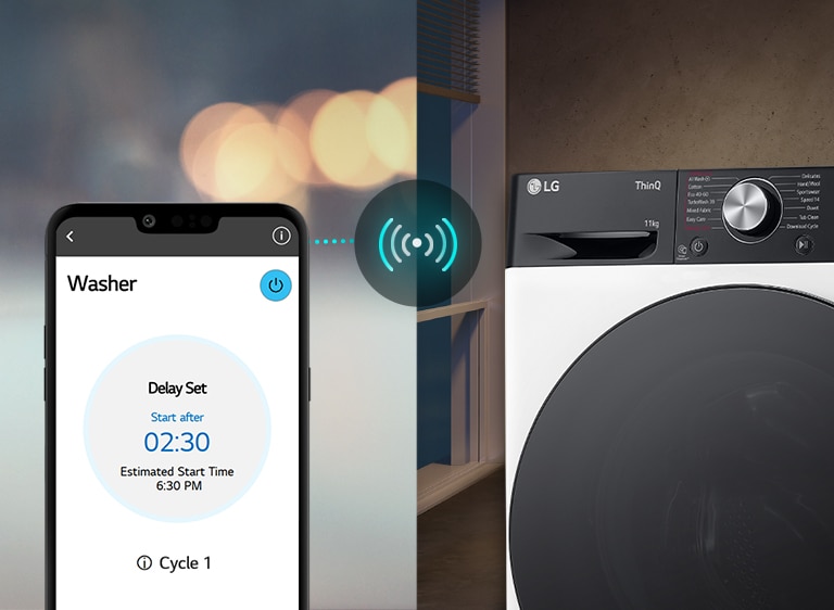 Une image sur la gauche montre un homme qui regarde son téléphone. L’image sur la droite montre la machine à laver à la maison, avec une lumière verte affichée. Au centre des deux images, on voit l’image de l’écran du téléphone qui montre la machine à laver sur l’application LG ThinQ et une icône de connectivité.