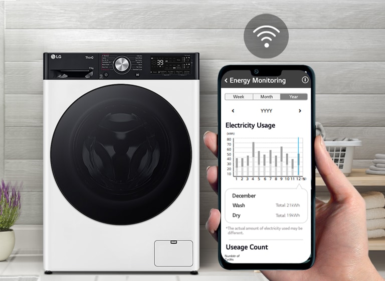 Une machine à laver dans une buanderie. Un homme tient un téléphone et montre l’écran à la caméra, et l’écran montre les informations d’entretien et la consommation d’énergie avec un symbole Wi-Fi au-dessus de l’écran.